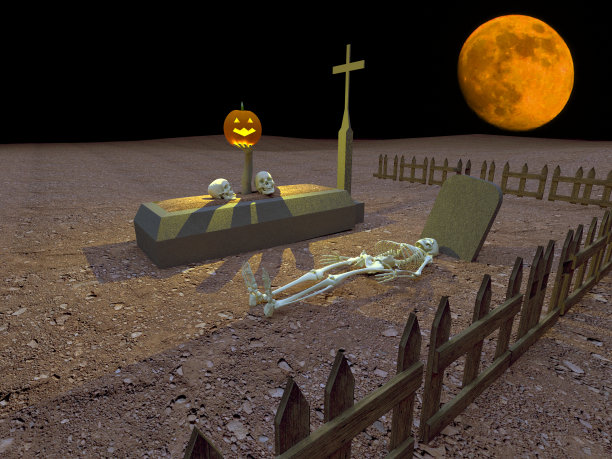 阴森的墓地，晚上有红色的月亮图片下载