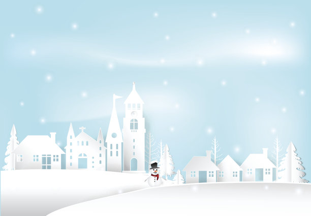 寒假的雪和雪人在城市城镇蓝天的背景。图片下载