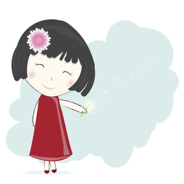 绿色背景上开着蒲公英花的女孩图片下载