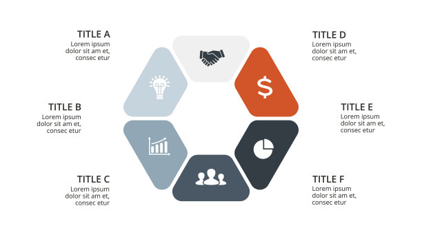 矢量圆箭头信息图、循环图、几何图、演示图。经营理念，6个选项，零件，步骤，流程。16 x9幻灯片模板图片下载