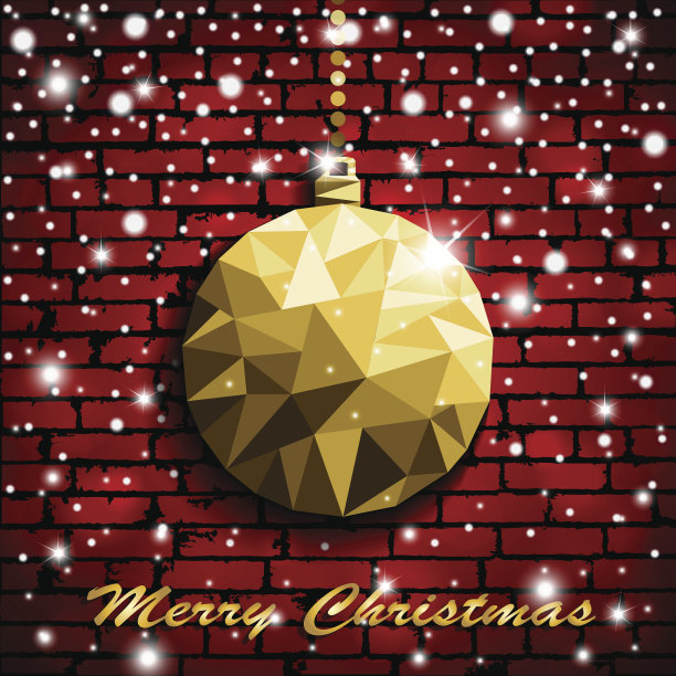 折纸风格的金色圣诞玩具与阴影照亮红色砖墙与雪的背景。矢量图图片下载
