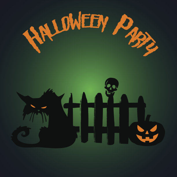 万圣节派对。篱笆下面有南瓜和僵尸猫。万圣节的海报。矢量插图。图片下载