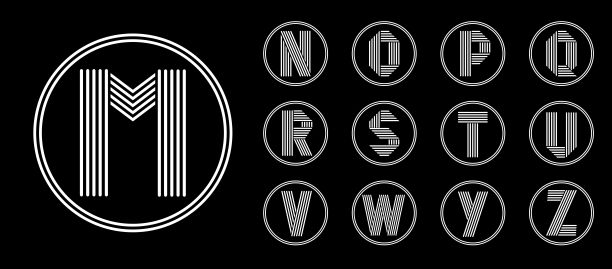 二套模板由四个大写字母由白色条纹在黑色圆圈内组成。与阴影重叠。标志、字母、会徽设计新潮。图片下载