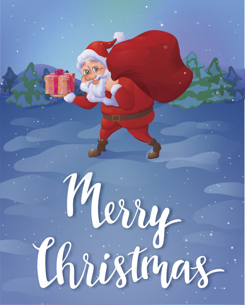 圣诞老人偷偷带着一件礼物在他的手里，背着一袋礼物，圣诞卡通人物和字母的冬季贺卡，矢量插图图片下载