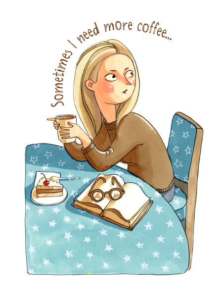 长发女孩在咖啡馆喝咖啡吃蛋糕水彩插画素材图片