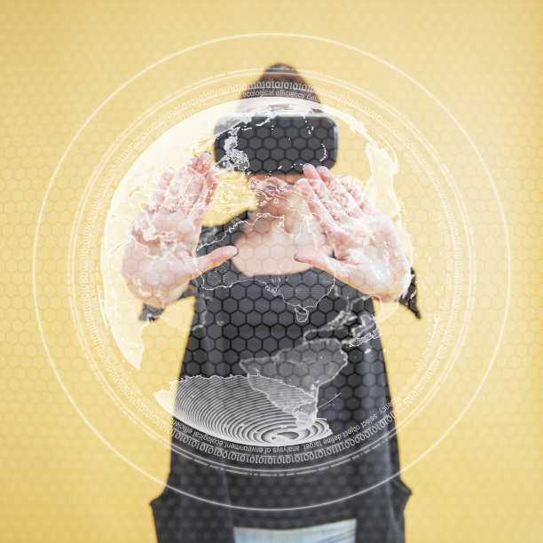 快乐的女人在演播室获得使用vr眼镜虚拟现实头戴式设备的经验。创新技术。安全的概念。捧着发光的地球图片下载