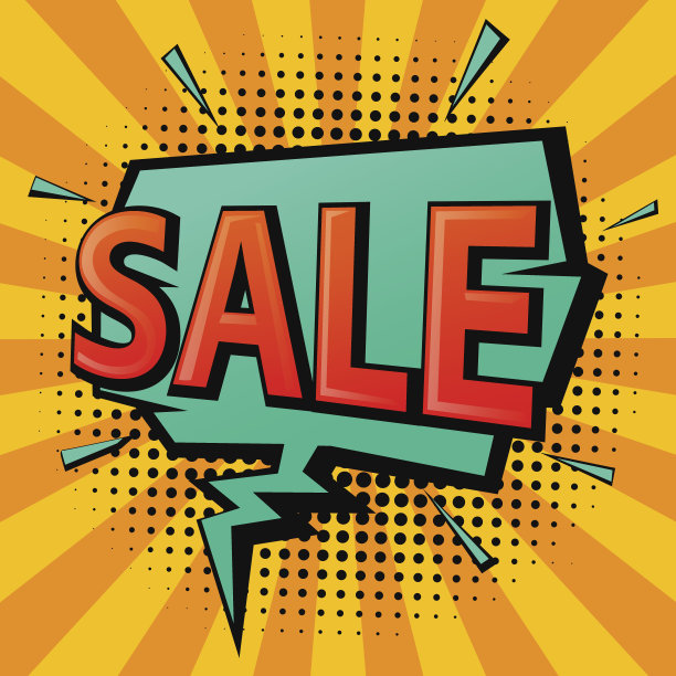 漫画书流行艺术风格的购物销售讲话泡沫上的半色调和复古的sunburst纹理图片下载