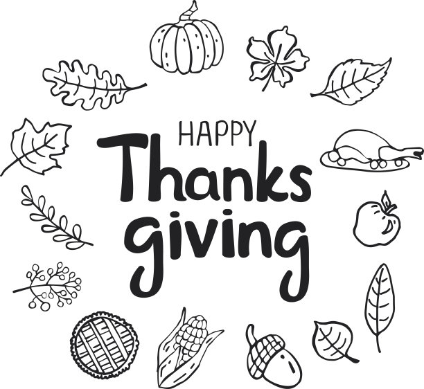 感恩节快乐黑白剪影涂鸦卡通贺卡背景图片下载