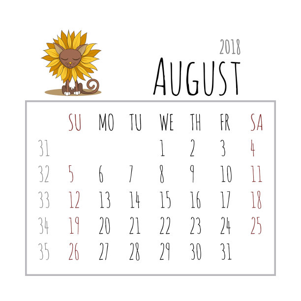 卡通猫日历2018。周日开始。矢量插图。8月图片下载