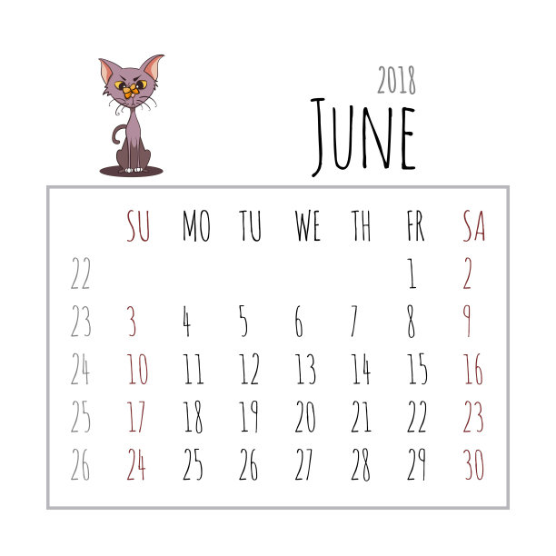 卡通猫日历2018。周日开始。矢量插图。6月图片下载