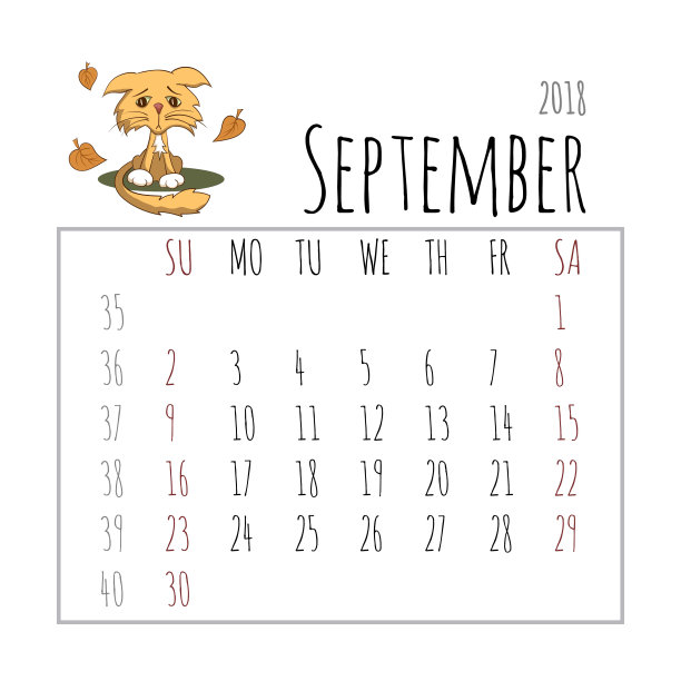 卡通猫日历2018。周日开始。矢量插图。9月图片下载
