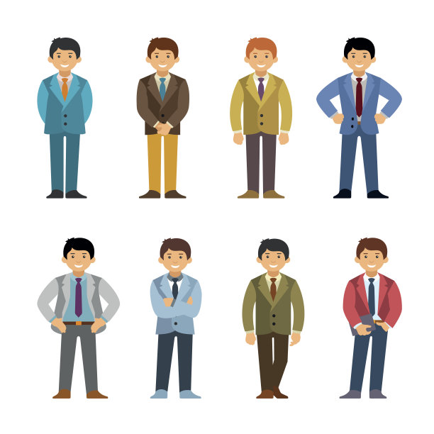 卡通白种人在商务套装套装扁平风格。不同的姿势和衣服。图片下载