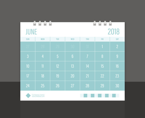 日历2018年6月周从周日开始。桌面日历企业设计模板向量。图片下载
