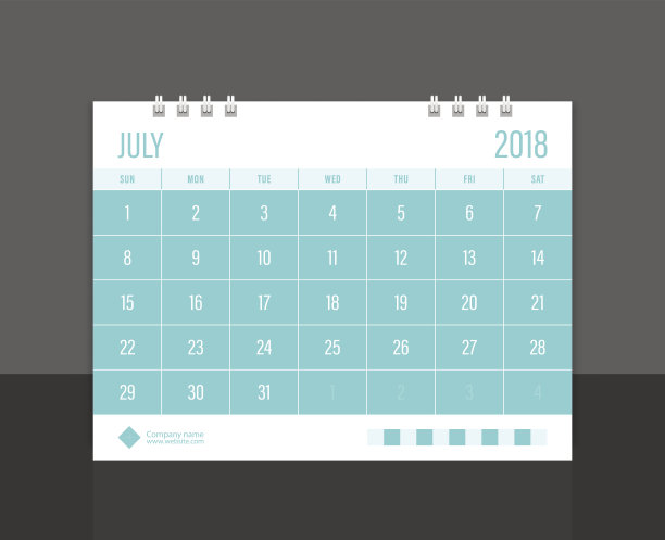 日历2018年7月周从周日开始。桌面日历企业设计模板向量。图片下载