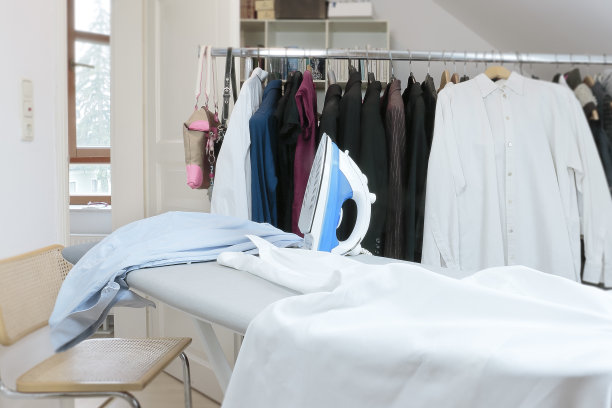 在衣帽间熨衣服。图片下载