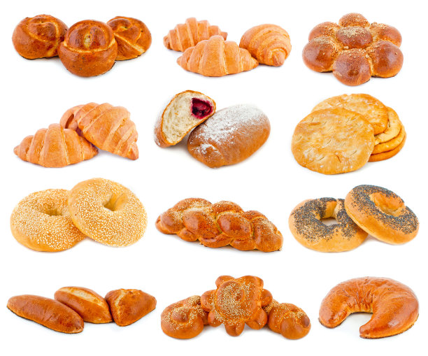 白色背景上的各种面包图片下载