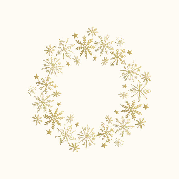 有雪花和星星的节日花环。手绘金框。矢量插图。孤立。素材图片