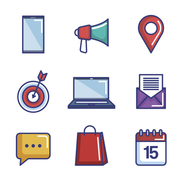 一套数字营销和媒体策略元素图标图片下载