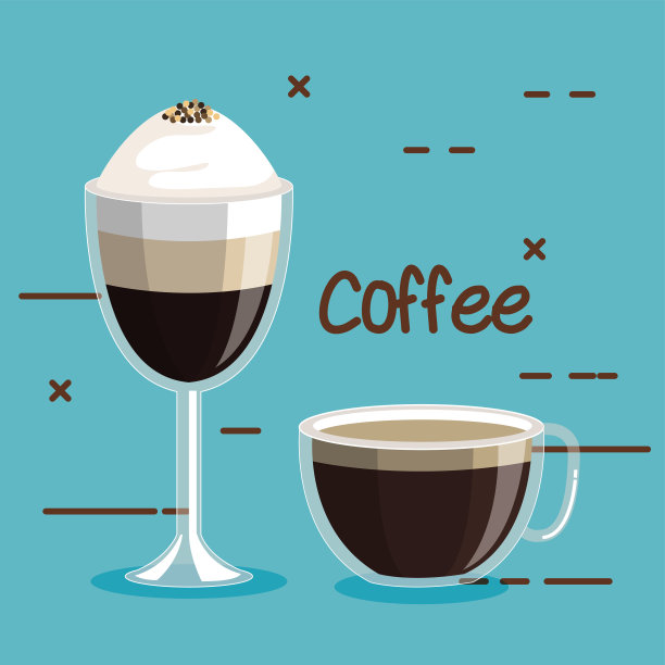 蓝色背景上，两个咖啡杯，泡沫，肉桂，饮料图片下载