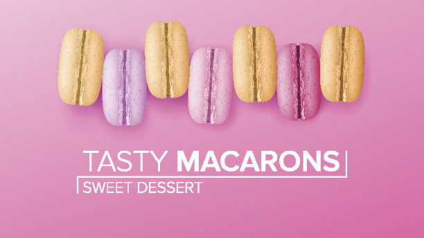 马卡龙组向量。前视图。彩色甜法式杏仁饼干在粉红色的背景插图图片下载