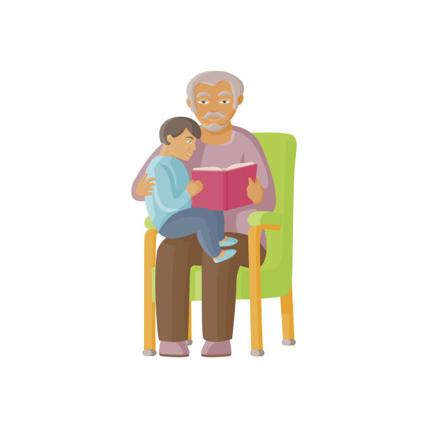 矢量平爷爷和小女孩一起看书素材图片