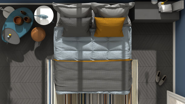 彩色现代卧室俯视图，人字形拼花地板，建筑简约的室内设计图片下载