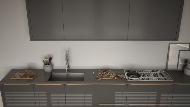 现代厨房与水槽和炉子，烹饪锅和食物，特写，俯视图，白色和灰色的极简主义室内设计图片下载