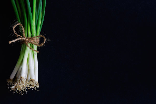 用绳子把新鲜的葱捆在花岗岩桌上。靠近大葱或大葱在俯视图平铺。准备大葱做饭。食物和蔬菜概念的背景或壁纸。素材图片