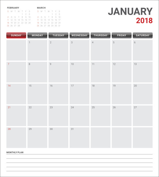 2018年1月日历规划师矢量插图图片下载