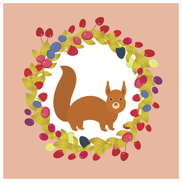 圆花环红色松鼠，樱桃草莓覆盆子黑莓蓝莓越橘越橘枸杞葡萄在粉红色的背景。向量图片下载