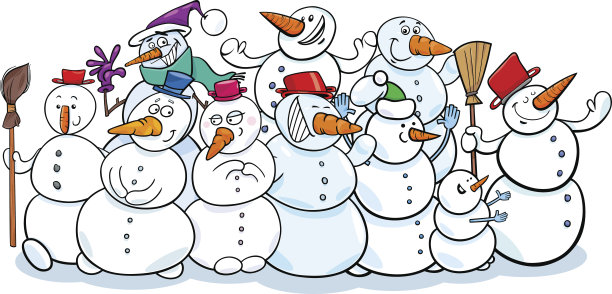 快乐雪人群卡通插画图片下载
