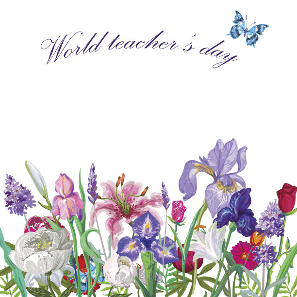 温柔的花教师节模板与蝴蝶，矢量手绘设计上的白色素材图片