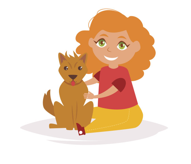 带着狗的女孩。向量。卡通图片下载