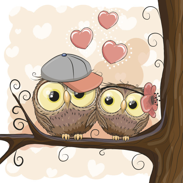 两只可爱的卡通心形猫头鹰图片下载