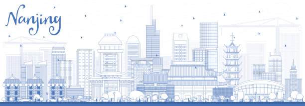 用蓝色的建筑勾勒出南京的天际线。图片下载