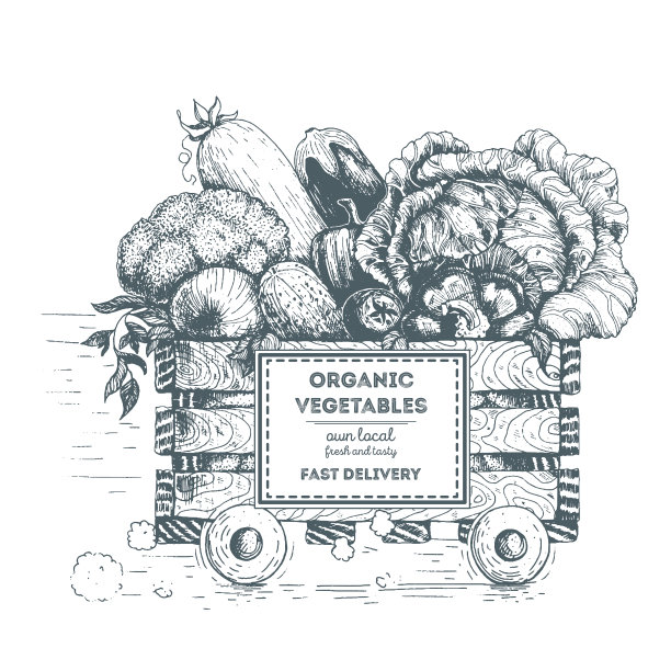 新鲜蔬菜的快速递送。装有蔬菜的轮子上的盒子。有机食品配送。概念形象，用墨水绘制图片下载