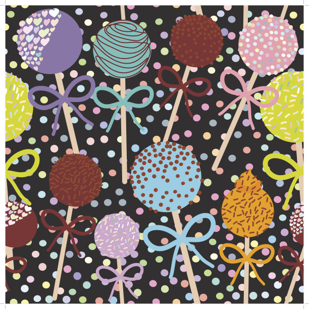 无缝图案彩色甜蛋糕流行与蝴蝶结孤立在黑色圆点背景。向量图片下载