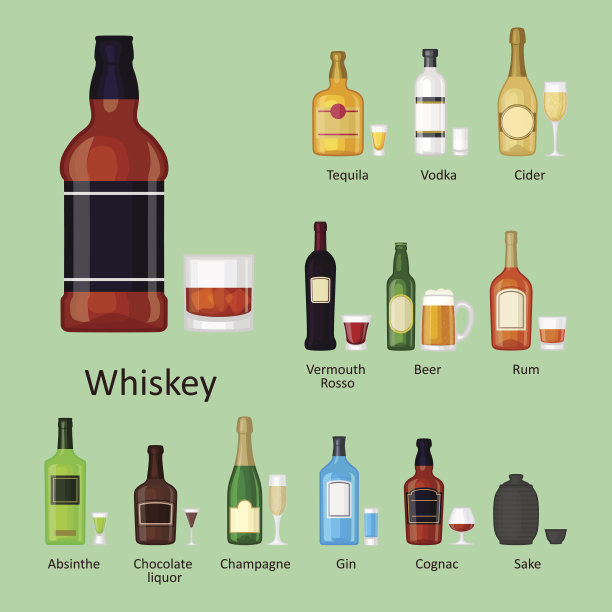 酒精饮料饮料鸡尾酒酒瓶贮藏容器喝不同的玻璃杯矢量插图图片下载