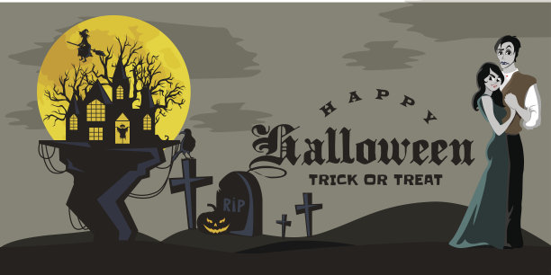 万圣节哥特派对：吸血鬼情侣宣传单banner插画图片下载