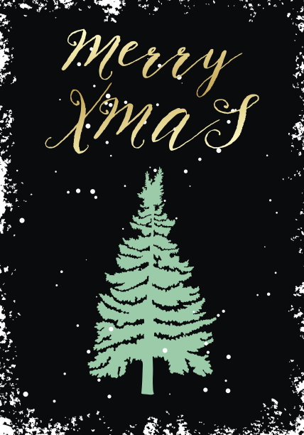 圣诞快乐和新年贺卡的书法。手绘节日树杉木设计元素。手写毛笔字母黑色和金色。图片下载