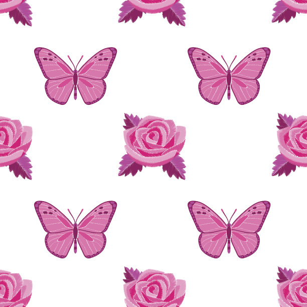 玫瑰和蝴蝶刺绣无缝图案图片下载