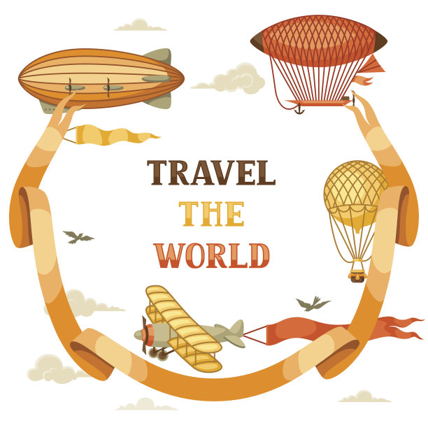 具有老式航空运输的旅行背景。老式的浮空器、飞艇和平原多云的天空图片下载