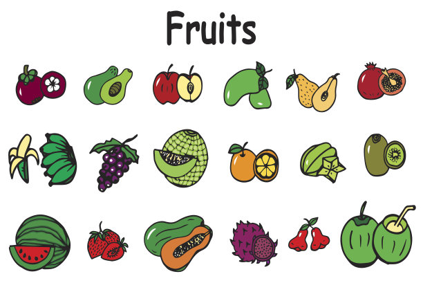 手绘组新鲜水果涂鸦向量集-插图甜瓜，苹果-水果，香蕉，柑橘类水果，椰子图片下载