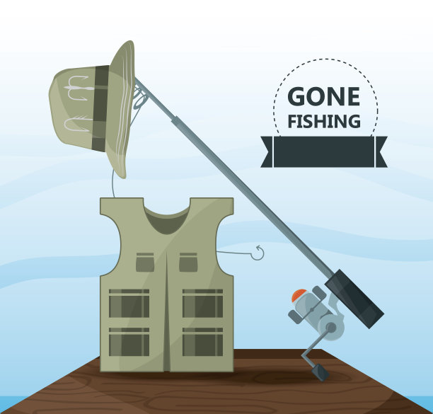 背心、帽子和钓竿钓鱼设备图片下载