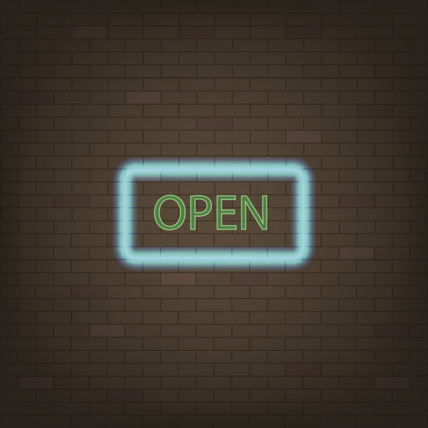 砖墙上的霓虹招牌上写着“开”的字样。股票矢量插图。图片下载