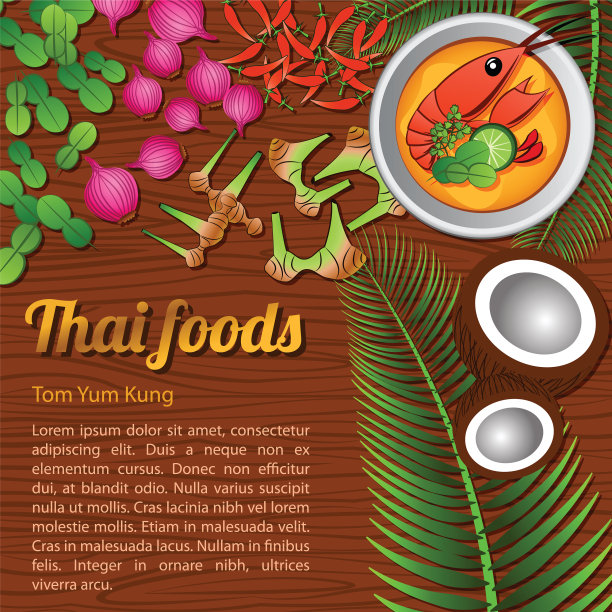 泰国的美味和著名的食物。江虾辣味汤冬阴功及木制背景配料图片下载