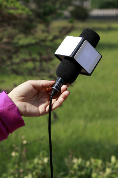 手拿麦克风在绿色背景，特写照片图片下载