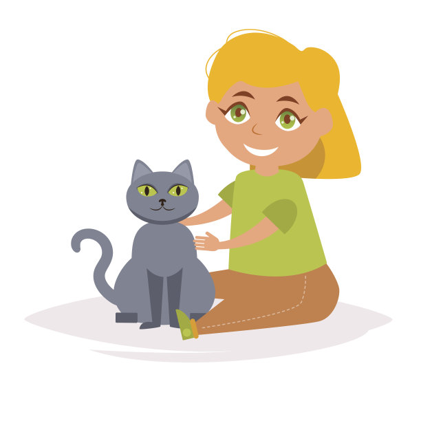 女孩和猫。俄罗斯蓝色品种图片下载