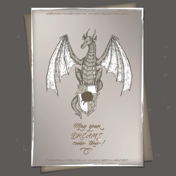 浪漫的古董A4格式的生日卡模板与书法和龙素描。图片下载