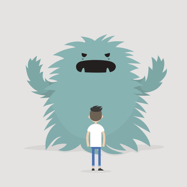 处理压力概念说明。巨大的怪物试图攻击一个角色/平面可编辑矢量插图，剪辑艺术图片下载